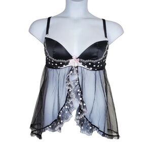 Victoria's Secret Womens Black Satin Sheer Split Mesh Babydoll Slip Size 34B
